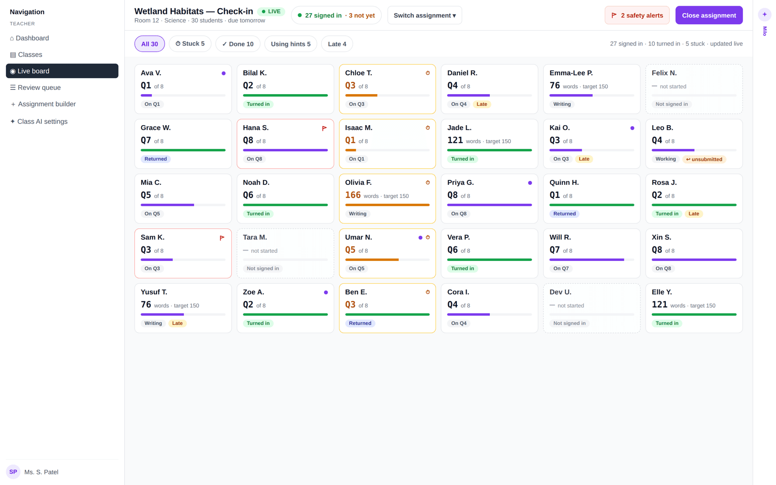 Designed — build underway: teacher-side live pacing board showing the whole class at a glance