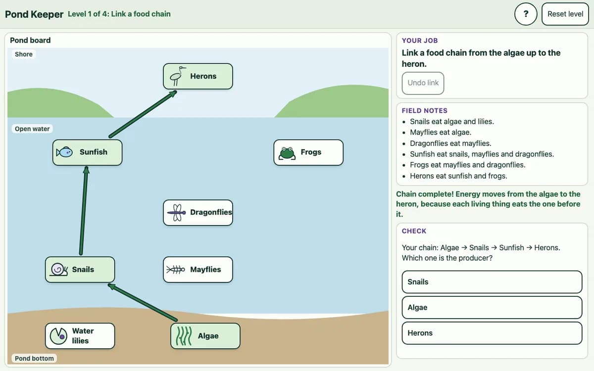 Pond game with arrows linking algae to snails to sunfish to heron, and a multiple-choice question about the producer.