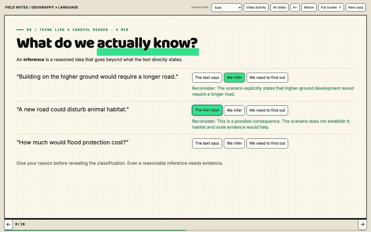 Slide asking "What do we actually know?" with three statements, answer buttons, and green feedback explaining each choice.